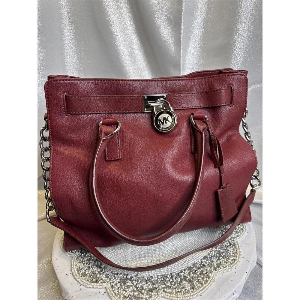 Michael Kors Hamilton Burgundy Leather  Shoulder Satchel Hand Bag Purse